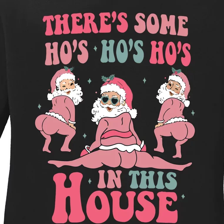 Funny Santa Ugly Christmas Sweater Theres Some Ho Ho Hos In This House Ladies Long Sleeve Shirt