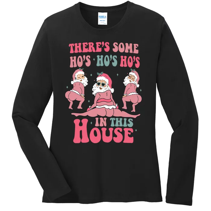 Funny Santa Ugly Christmas Sweater Theres Some Ho Ho Hos In This House Ladies Long Sleeve Shirt