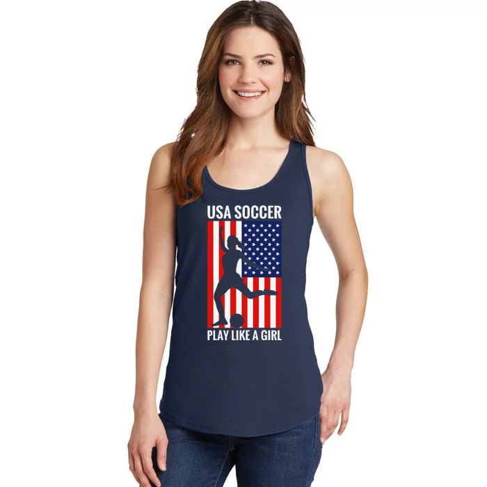 Funny Soccer Usa Soccer Play Like A Girl Ladies Essential Tank