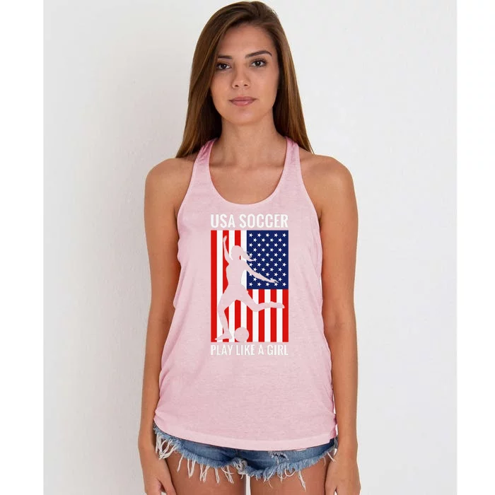 Funny Soccer Usa Soccer Play Like A Girl Women's Knotted Racerback Tank