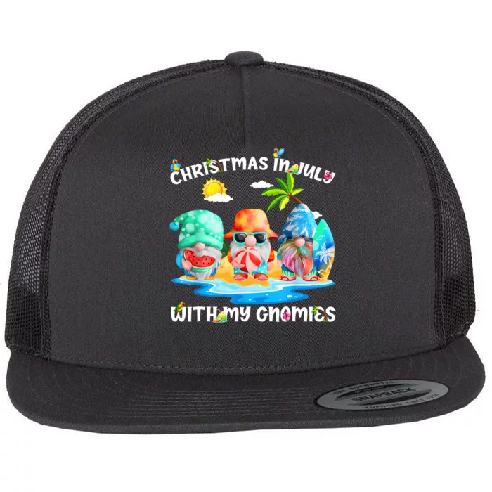 Funny Summer Vacation Gnomies Gnomes For Christmas In July Flat Bill Trucker Hat