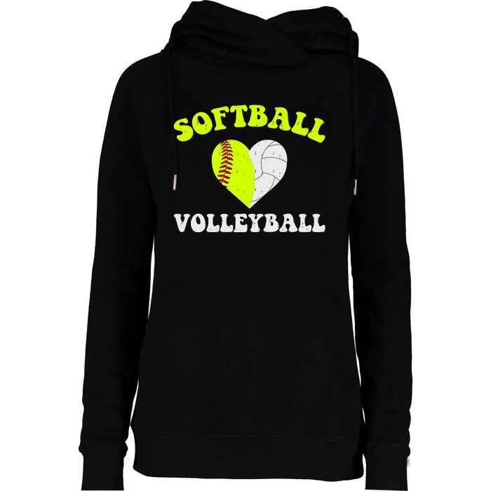 Funny Softball Volleyball Heart Groovy Softball Lover Girls Womens Funnel Neck Pullover Hood