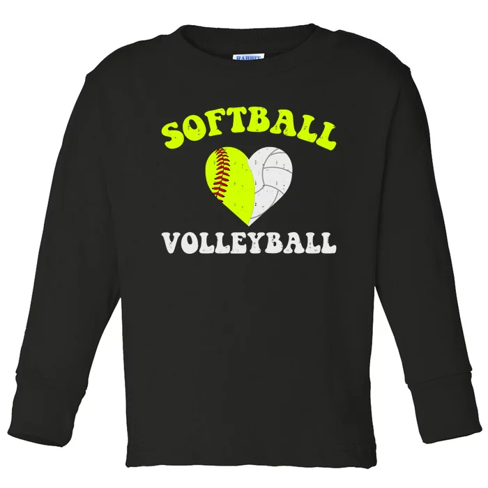 Funny Softball Volleyball Heart Groovy Softball Lover Girls Toddler Long Sleeve Shirt