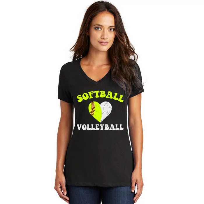 Funny Softball Volleyball Heart Groovy Softball Lover Girls Women's V-Neck T-Shirt