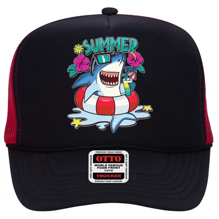 Funny Summer Vibe Vacation Shark High Crown Mesh Trucker Hat