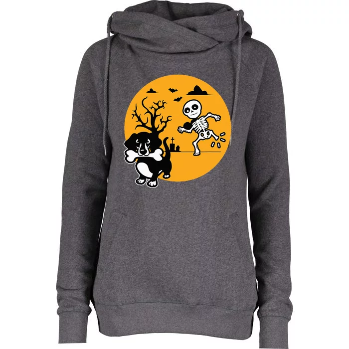 Funny Skeleton Wiener Sausage Dog Halloween Dachshund Womens Funnel Neck Pullover Hood