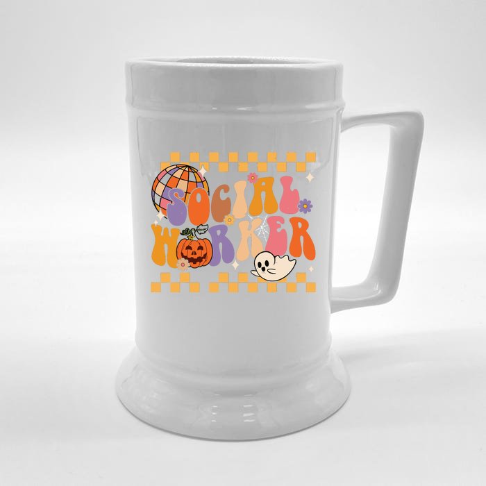 Funny Social Worker Halloween School Social Work Retro Ghost Front & Back Beer Stein