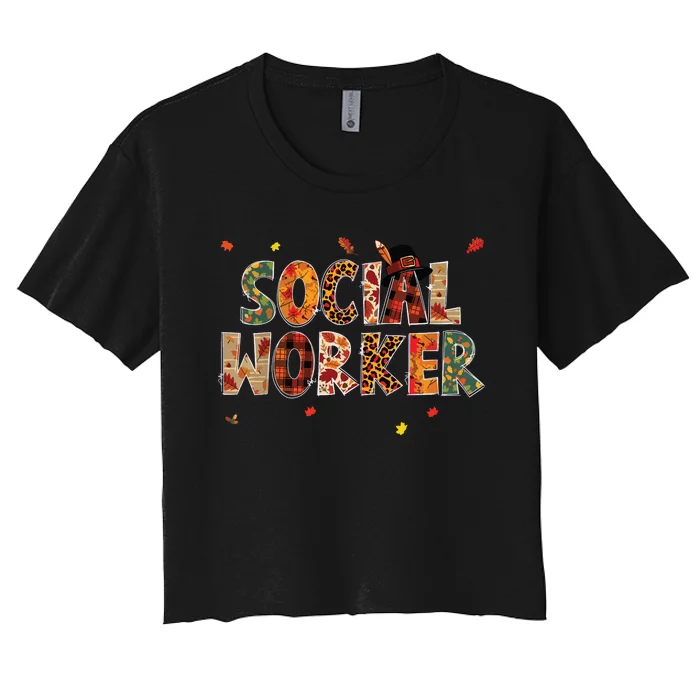 Funny Social Worker Pumpkin Autumn Tree Fall Leaves Women's Crop Top Tee