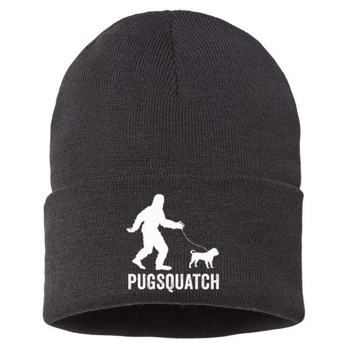 Funny Sasquatch Walking Pug Dog Bigfoot Lover Cute Pugs Gift Sustainable Knit Beanie