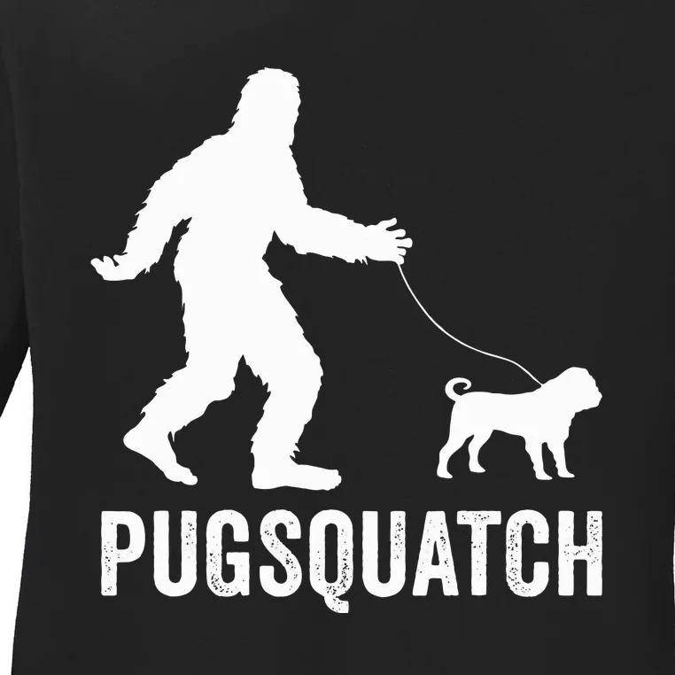 Funny Sasquatch Walking Pug Dog Bigfoot Lover Cute Pugs Gift Ladies Long Sleeve Shirt