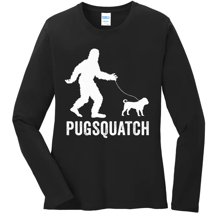 Funny Sasquatch Walking Pug Dog Bigfoot Lover Cute Pugs Gift Ladies Long Sleeve Shirt