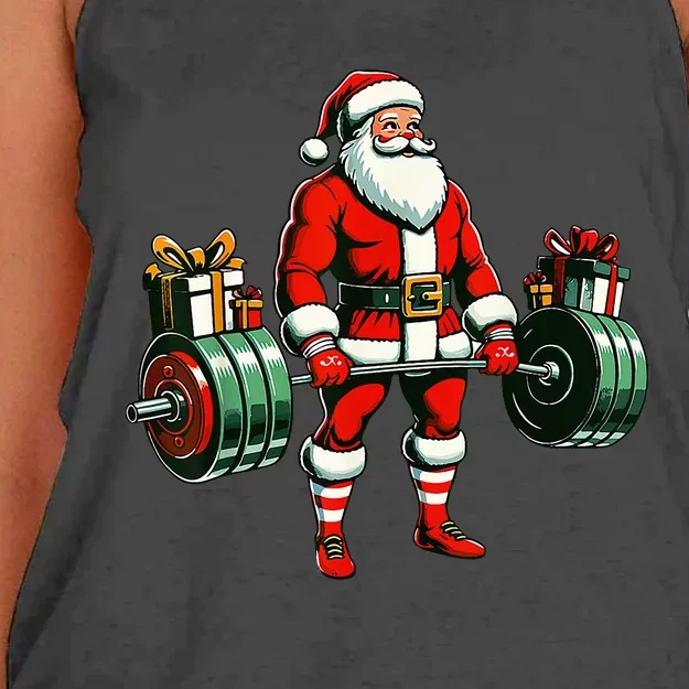 Funny santa Weightlifting christmas santa deadlifting Women's Knotted Racerback Tank