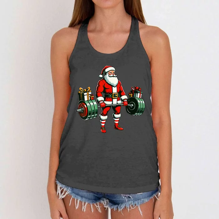 Funny santa Weightlifting christmas santa deadlifting Women's Knotted Racerback Tank