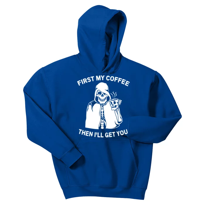 Funny Skeleton With Coffee Cup And Statet For Coffeine Gift Kids Hoodie