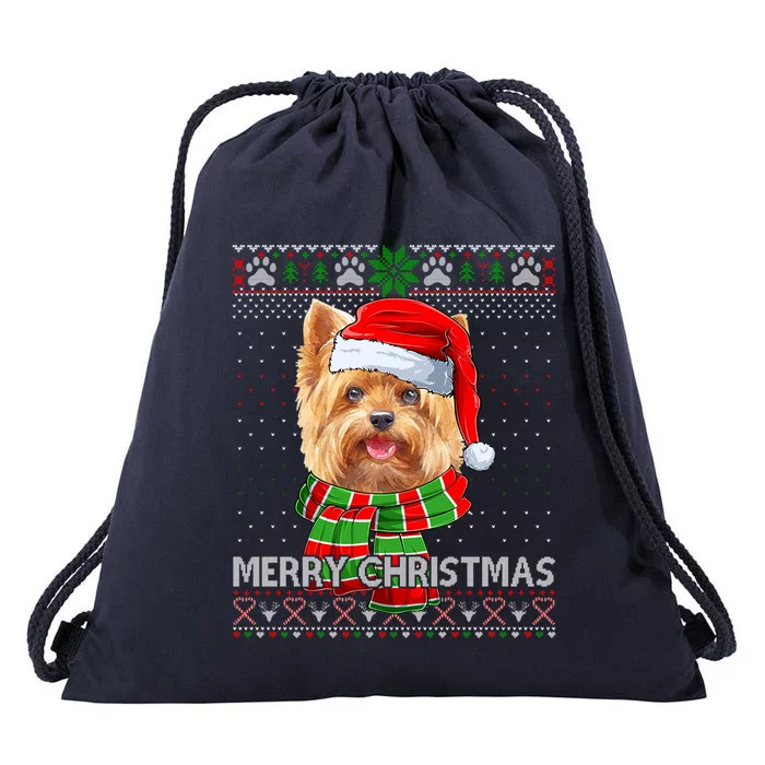 Funny Santa Yorkshire Terrier Scarf Lover Ugly Xmas Sweater Gift Drawstring Bag