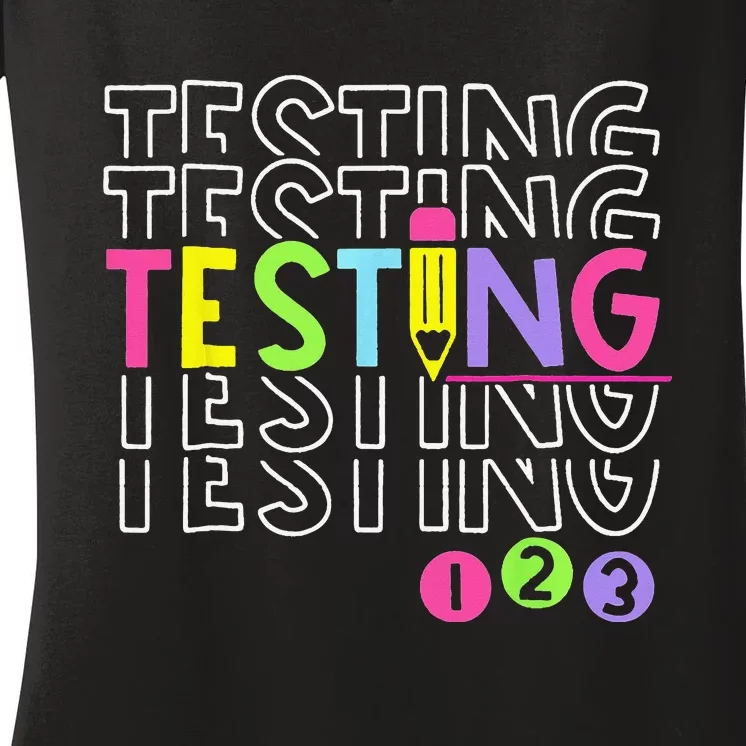 Funny Testing 123 Retro School Test Day Teacher Student Women's V-Neck T-Shirt