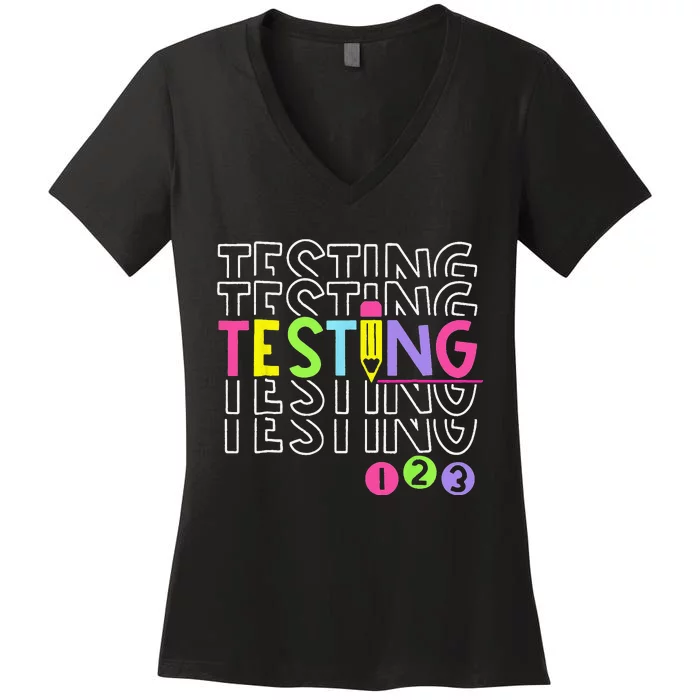 Funny Testing 123 Retro School Test Day Teacher Student Women's V-Neck T-Shirt