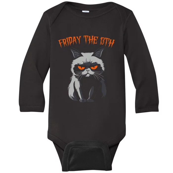 Friday The 13th 2024 Black Cat Halloween Funny Cat Mom Dad Baby Long Sleeve Bodysuit