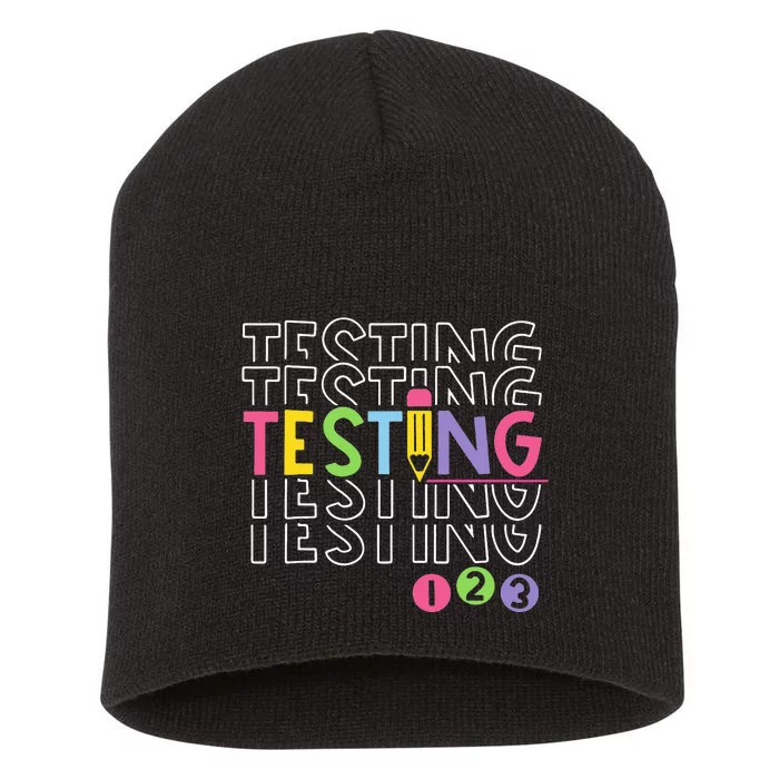 Funny Testing 123 Retro School Test Day Teacher Student Short Acrylic Beanie