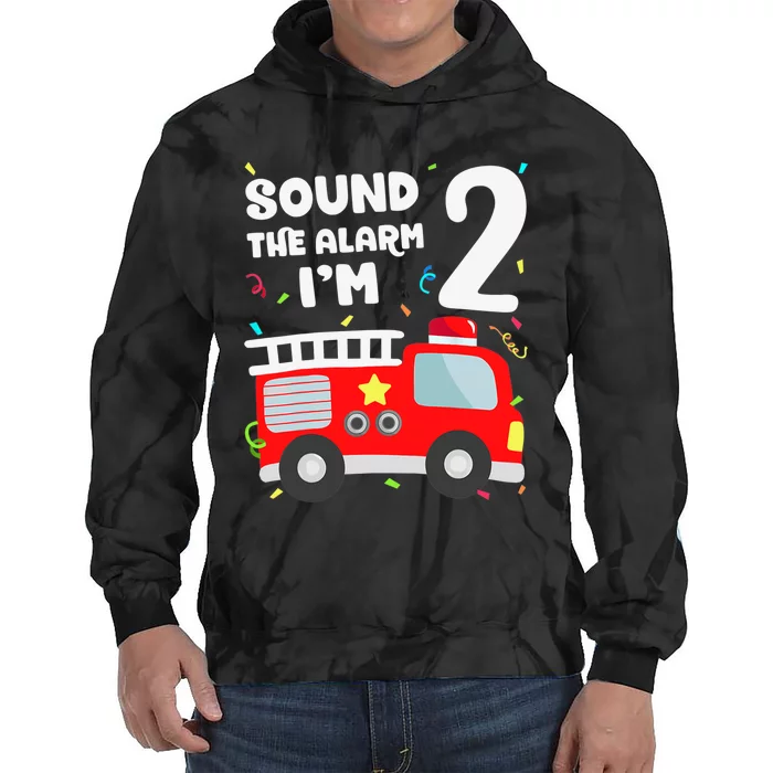 Fire Truck 2nd Birthday Boy 2 Year Old Firefighter Tie Dye Hoodie