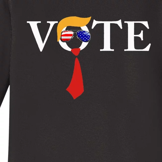 Funny Trump 2024 Vote With Trump Hair Sunglasses Us Flag Baby Long Sleeve Bodysuit