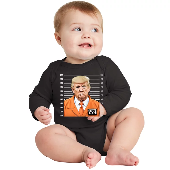 Funny Trump 2024 Prisoner Mugshot Fake Baby Long Sleeve Bodysuit