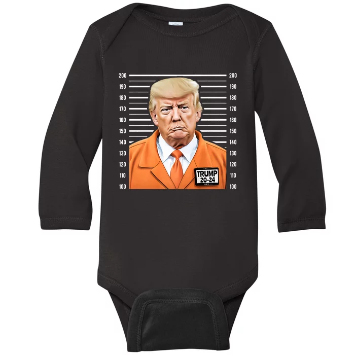 Funny Trump 2024 Prisoner Mugshot Fake Baby Long Sleeve Bodysuit