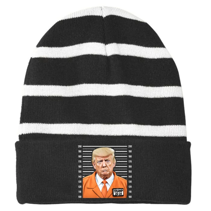 Funny Trump 2024 Prisoner Fake Mugshot Striped Beanie with Solid Band