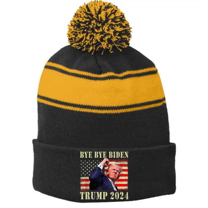 Funny Trump 2024 Bye Bye Biden Dropped Out Election 2024 Stripe Pom Pom Beanie