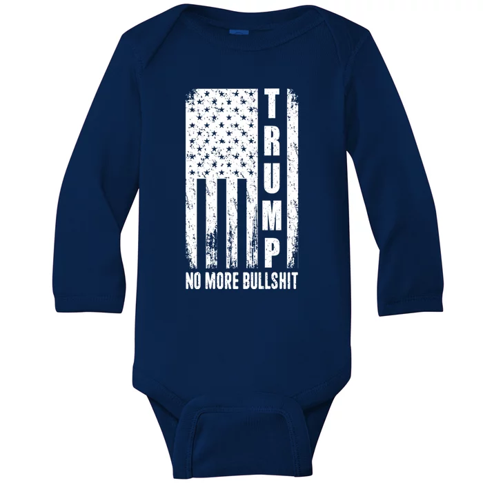 Funny Trump 2024 No More Bullshit Vintage American Flag Gift Baby Long Sleeve Bodysuit