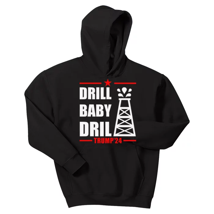 Funny Trump 2024 Drill Baby Drill Gas Oil Rig Illustration Kids Hoodie