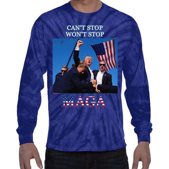 Funny Trump 2024 Cant Stop Wont Stop Maga Tie-Dye Long Sleeve Shirt