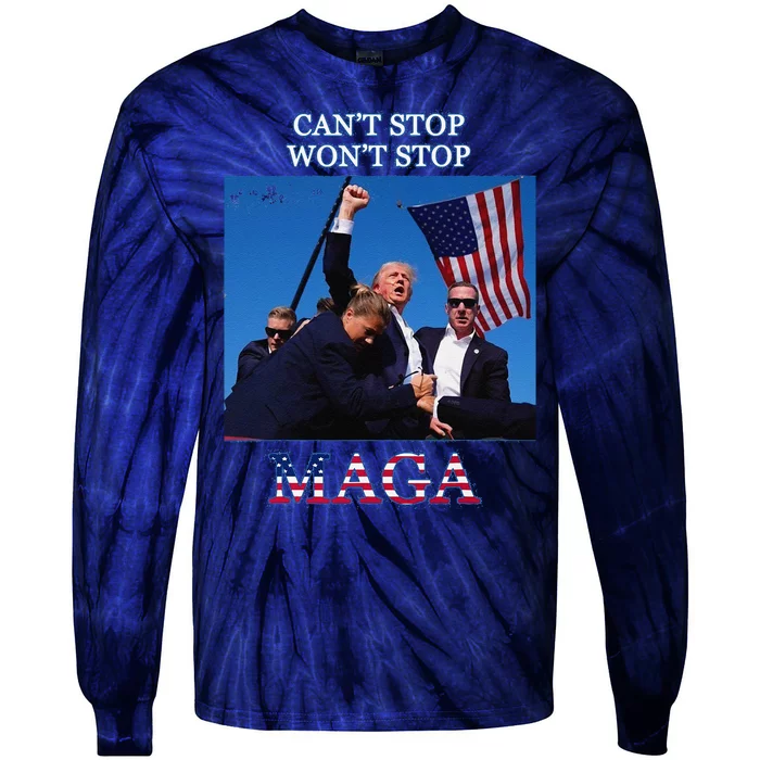 Funny Trump 2024 Cant Stop Wont Stop Maga Tie-Dye Long Sleeve Shirt