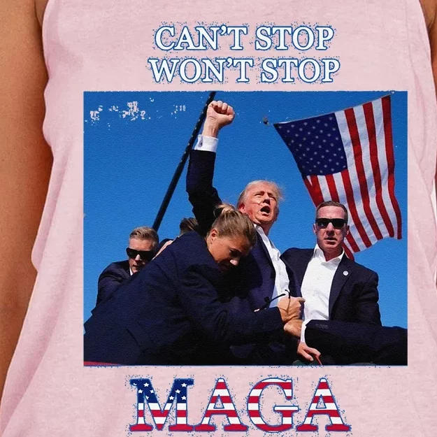 Funny Trump 2024 Cant Stop Wont Stop Maga Women's Knotted Racerback Tank