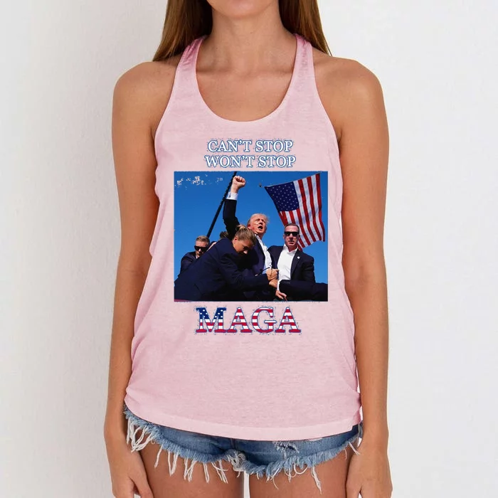 Funny Trump 2024 Cant Stop Wont Stop Maga Women's Knotted Racerback Tank