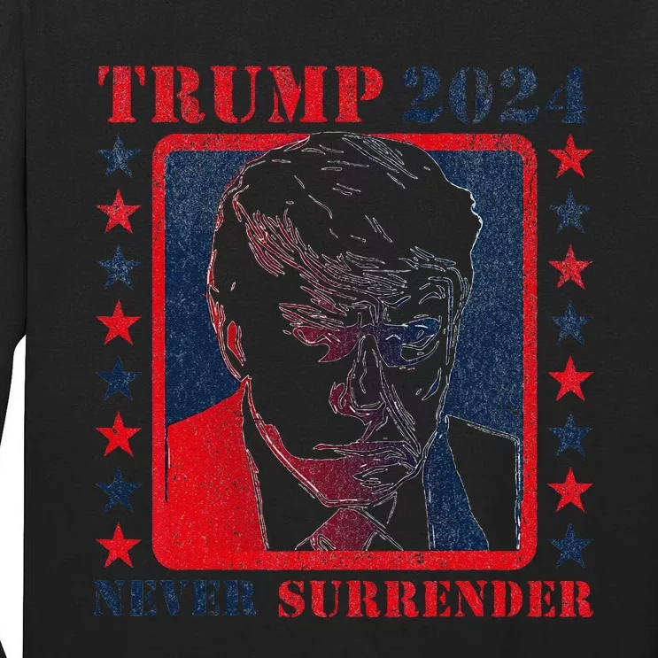 Funny Trump 2024 Never Surrender Donald Trump Mug Shot Tall Long Sleeve T-Shirt