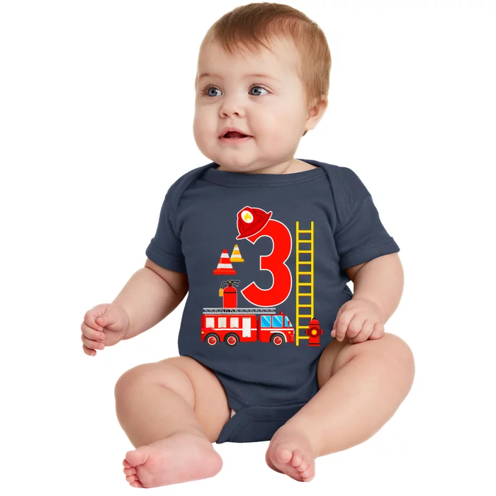 Fire Truck 3rd Birthday Boy 3 Year Old Firefighter Baby Bodysuit