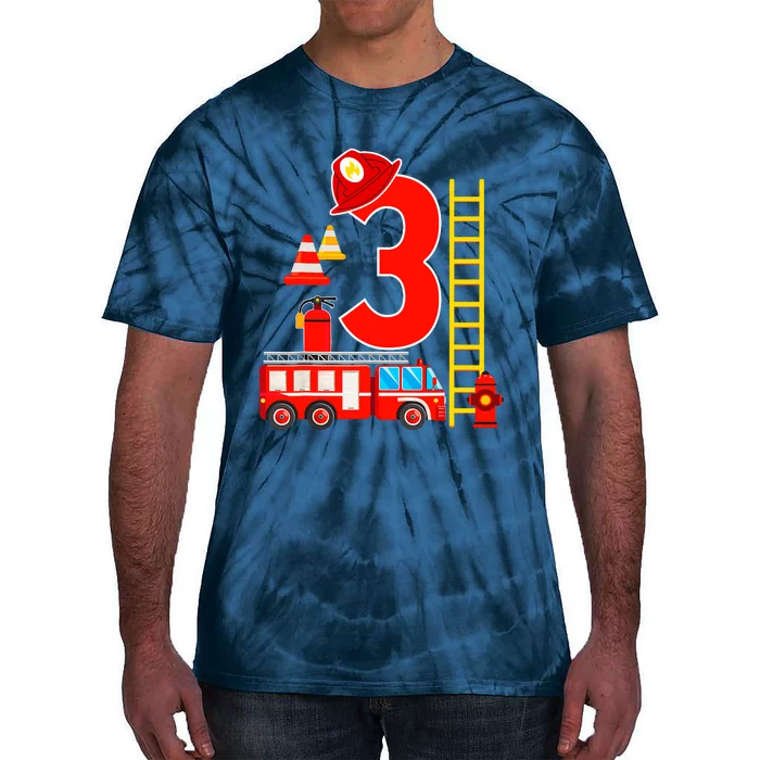 Fire Truck 3rd Birthday Boy 3 Year Old Firefighter Tie-Dye T-Shirt