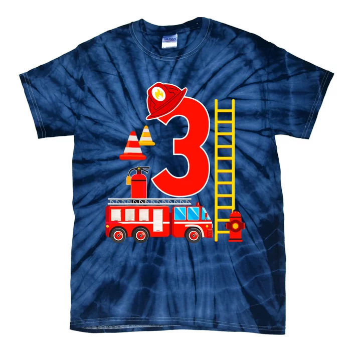 Fire Truck 3rd Birthday Boy 3 Year Old Firefighter Tie-Dye T-Shirt