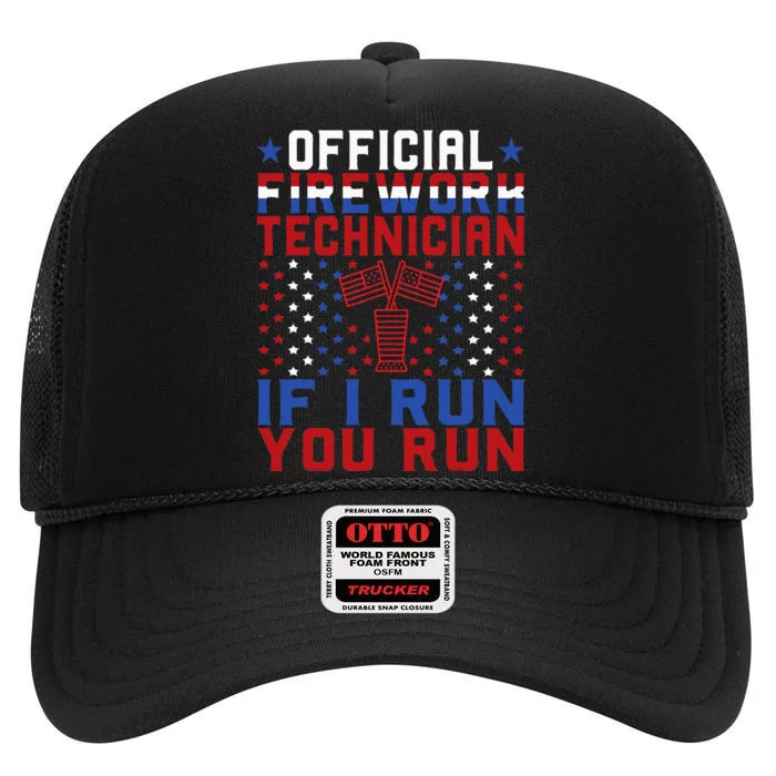 Firework Technician 4th Of July Funny USA Pyro Technician High Crown Mesh Trucker Hat