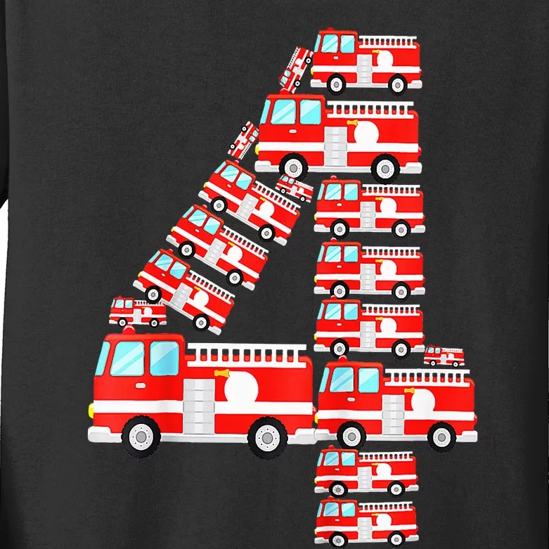 Fire Truck 4th Birthday Boy 4 Year Old Firefighter Kids Long Sleeve Shirt