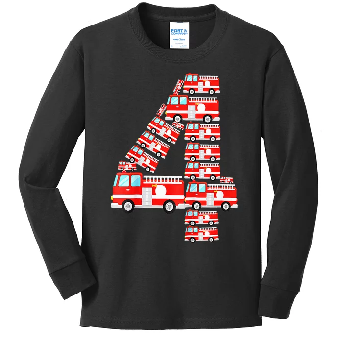 Fire Truck 4th Birthday Boy 4 Year Old Firefighter Kids Long Sleeve Shirt