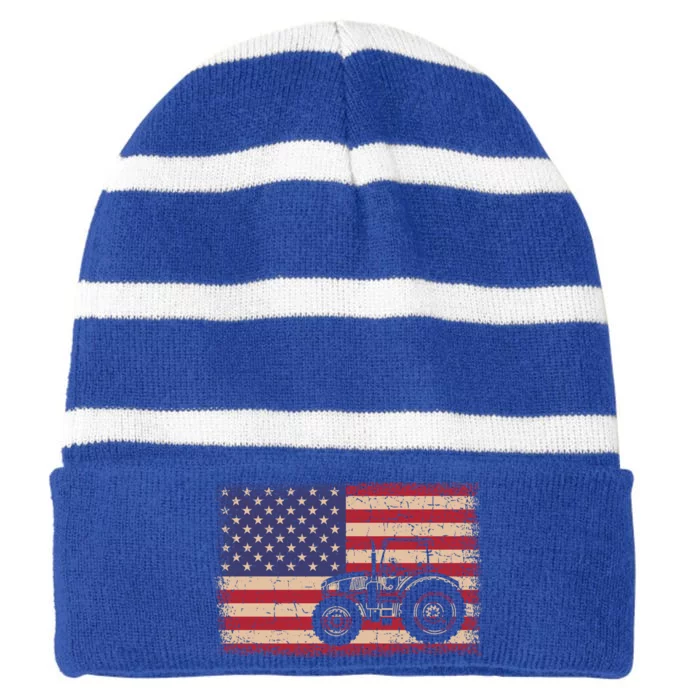 Farm Tractors American Flag Patriotic Vintage Farming Farmer Gift Striped Beanie with Solid Band