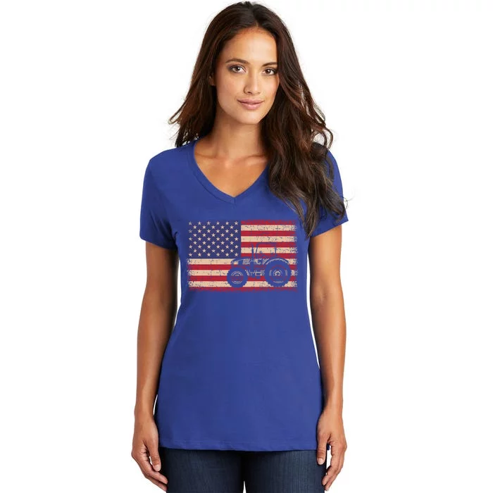 Farm Tractors American Flag Patriotic Vintage Farming Farmer Gift Women's V-Neck T-Shirt