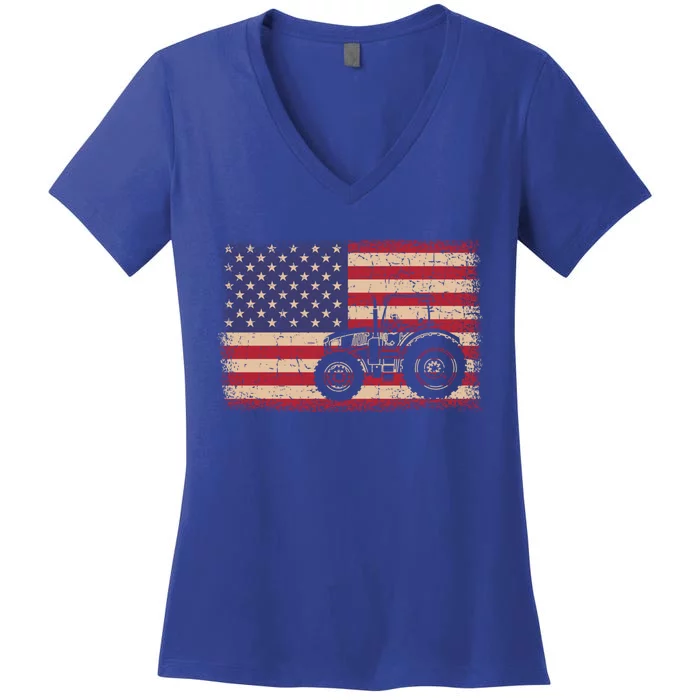 Farm Tractors American Flag Patriotic Vintage Farming Farmer Gift Women's V-Neck T-Shirt