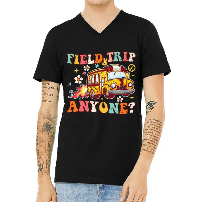 Field Trip Anyone Groovy School Bus Driver Yellow Bus V-Neck T-Shirt