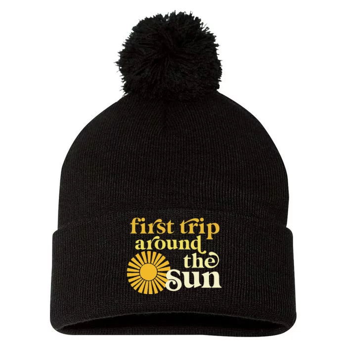 First Trip Around The Sun Birthday Boho Retro Groovy Baby Pom Pom 12in Knit Beanie