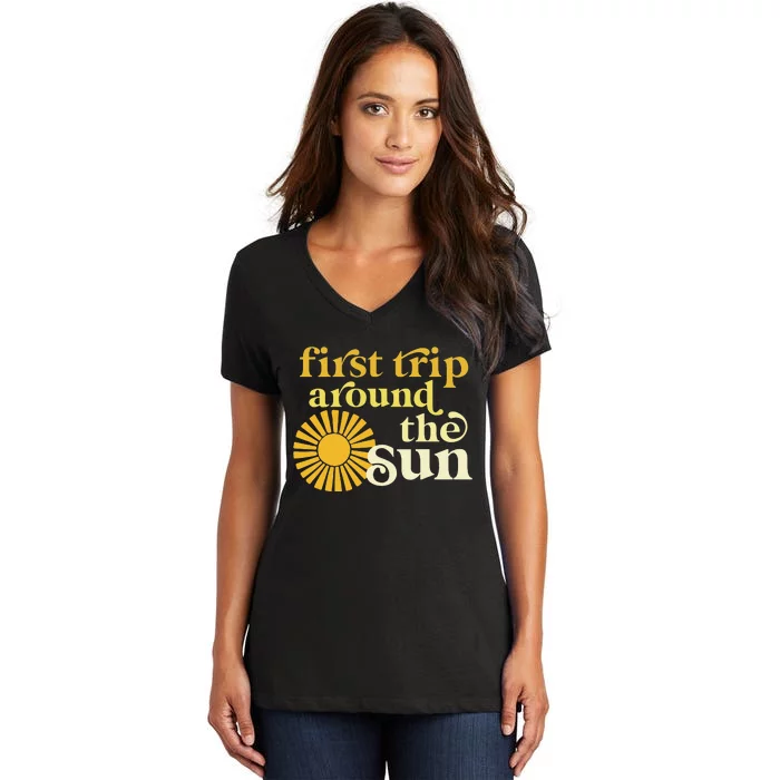 First Trip Around The Sun Birthday Boho Retro Groovy Baby Women's V-Neck T-Shirt