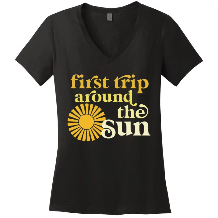 First Trip Around The Sun Birthday Boho Retro Groovy Baby Women's V-Neck T-Shirt