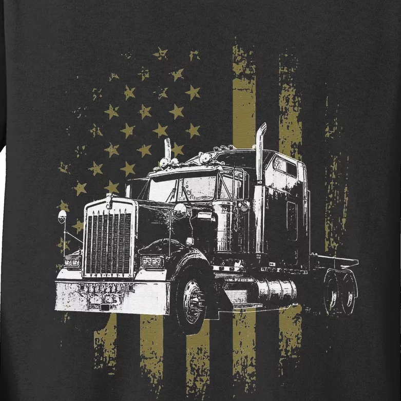 Funny Trucker American Flag Big Rig Semi-Trailer Truck Driver Gift Kids Long Sleeve Shirt